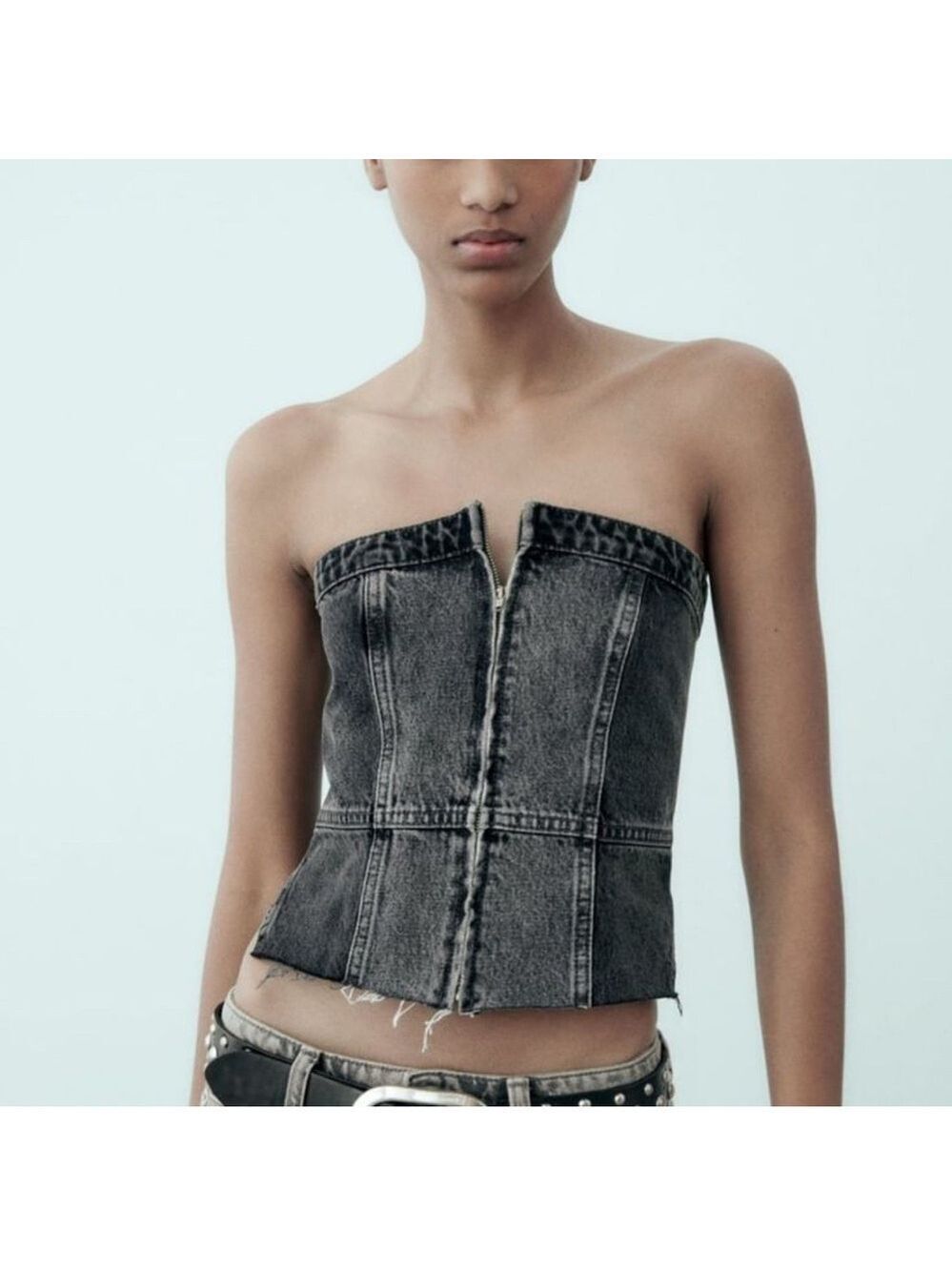 Zara distressed Black Denim Strapless corset zippered Top size xs
